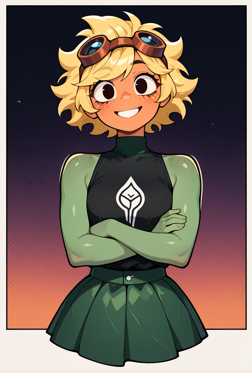 <lora:solarflare-09:1> solarflare, blonde hair, 1girl, goggles on head,  short hair, black shirt, freckles, dark green skirt, ((anthro )),green skin, turtle neck, , green skirt, spikey hair, big smile, teeth,  orange face, , green neck,  sleeveless, pose, no ears, earless,  shirt print, shirt over skirt, big anthro hands, flat hands, round face, circular face,  no humans, monster girl, , smile,  crossed arms,, masterpiece, best quality, amazing quality, very aesthetic, absurdres, newest,, upper body, halftone effect, white borders, abstract background:1.2,