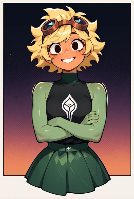 <lora:solarflare-09:1> solarflare, blonde hair, 1girl, goggles on head, short hair, black shirt, freckles, dark green skirt, ((anthro )),green skin, turtle neck, , green skirt, spikey hair, big smile, teeth, orange face, , green neck, sleeveless, pose, no ears, earless, shirt print, shirt over skirt, big anthro hands, flat hands, round face, circular face, no humans, monster girl, , smile, crossed arms,, masterpiece, best quality, amazing quality, very aesthetic, absurdres, newest,, upper body, halftone effect, white borders, abstract background:1.2,