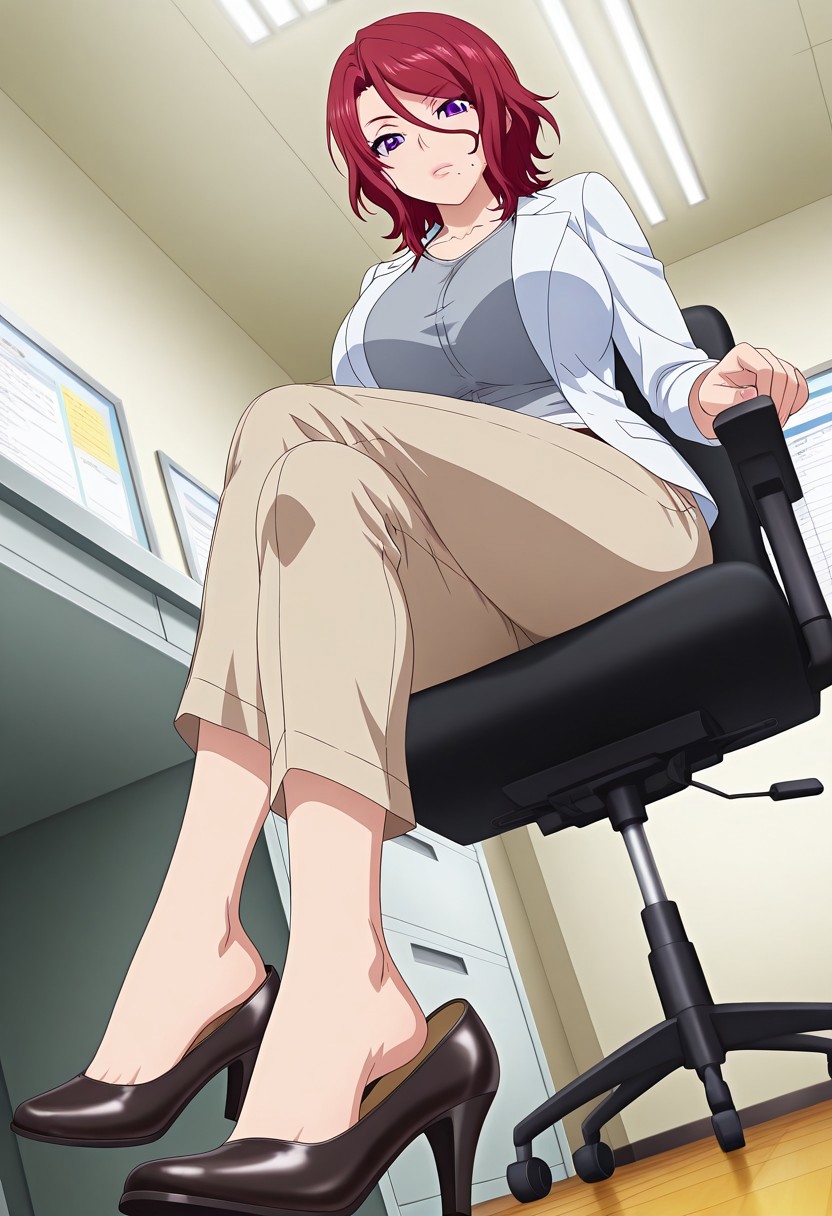 general,highres, ultra-detailed,very aesthetic,best quality ,best hands,best eyes,
dynamic anglre, dutch angle, Maki Yoshioka,red hair, short_hair, purple_eyes, huge_breasts, wavy hair,mole under lip, black mole on chin, BREAK white blazer, light brown capri pants, Capri pants, pants, grey t shirt, open clothes, open jacket, black heels, sitting, sitting on office chair, crossed legs, shoe dangle, heel dangle, from below, foot focus lower body, close-up indoors, school, teachers office, realistic anime style, BREAK <lora:anime_screencap-IL-v-pred:1> anime screencap, anime coloring, official anime artwork,  BREAK detailed background, full body, perfect quality, dynamic angle, looking at viewer, view from front, source_anime,