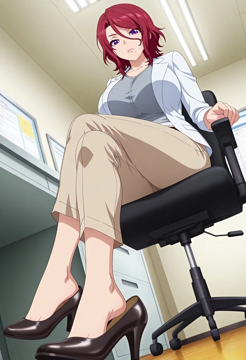 general,highres, ultra-detailed,very aesthetic,best quality ,best hands,best eyes,
dynamic anglre, dutch angle, Maki Yoshioka,red hair, short_hair, purple_eyes, huge_breasts, wavy hair,mole under lip, black mole on chin, BREAK white blazer, light brown capri pants, Capri pants, pants, grey t shirt, open clothes, open jacket, black heels, sitting, sitting on office chair, crossed legs, shoe dangle, heel dangle, from below, foot focus lower body, close-up indoors, school, teachers office, realistic anime style, BREAK <lora:anime_screencap-IL-v-pred:1> anime screencap, anime coloring, official anime artwork, BREAK detailed background, full body, perfect quality, dynamic angle, looking at viewer, view from front, source_anime,
