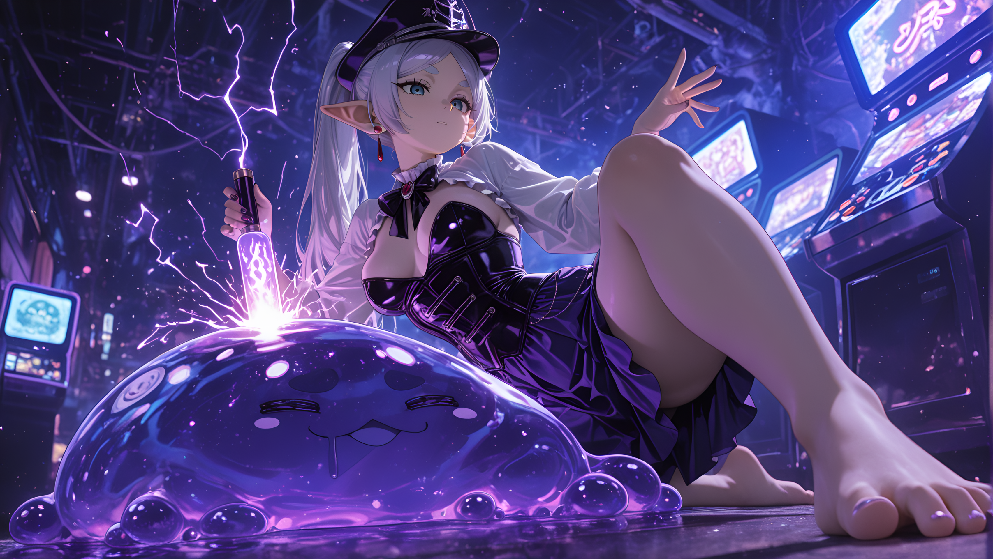 masterpiece, Electric Purple Theme, depth of field, A pirate outfit with a ruffled blouse and corset, glow, nail_polish, Two-tone hair, very aesthetic, Haunted Ambiance / Spooky Lighting, motion_lines:1.1, vhs tape aesthetic, absolutely eye-catching, newest, games, anime character, absurdres, motion_blur:1.1, thunderstorm, long_nails, Frieren (Frieren), 8K, tan skin, slime_(creature), neon lights, amazing quality, barefoot, arcade, Leaning Cowgirl with Chest Press, ambient occlusion, ponytail, best quality, ultra-detailed, Low angle view, complete with a tricorn hat., holding energy pistols ready to fire, human, multiple others, HDR, long hair, sagging breasts