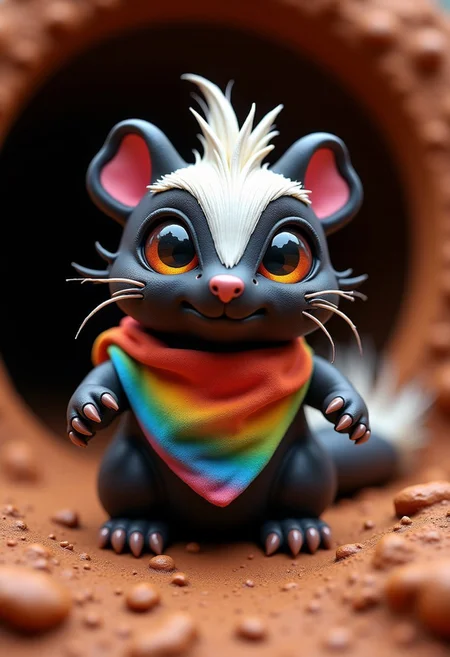 a cute chibby skunk (made out of clay) with big rainbow eyes, it wears a cool rainbow bandana, very detailed, 4k, sharp, (very detailed clay, brownish clay), clay background, clay cave