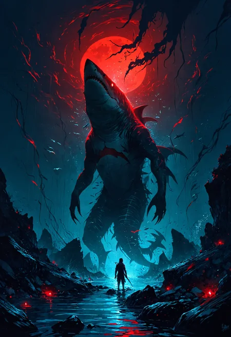 linquivera, liiv1, Ink illustration, anime, blue and red tones, aged black red paper, inkpunk, underwater, shark, sharp teeth, dark, gloomy atmosphere, ominous silhouette, cracked rocks, shadow of fishes, shadowy, oppressive, dark red eyes, moonlit, lonely, solitude, highly detailed, UHD, long exposure, chilling silence, sinister presence, heavy