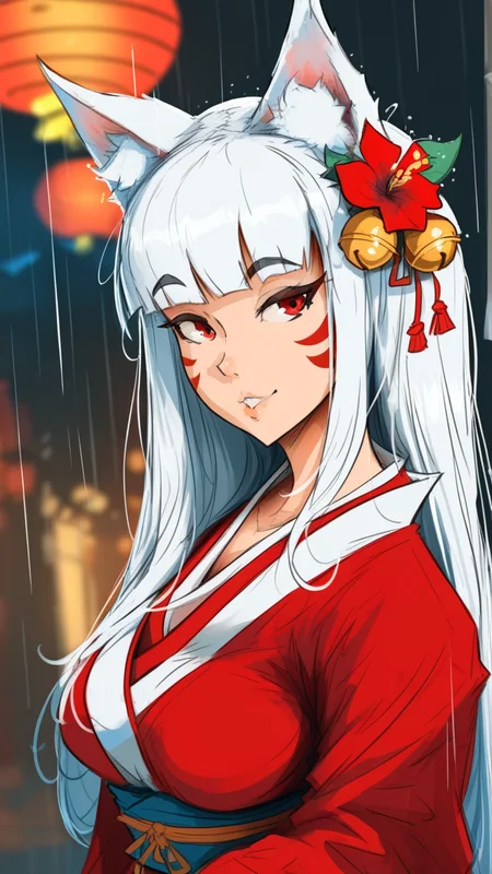samdoesarts, afrobull, Khyle, anninosj, cutesexyrobutts, CarmesJocelin, elliemaplefox, sei5osuzuki, score_9, score_8_up, score_7_up, i want the whole image to be created in 3D anime style, 1girl, solo, long hair, looking at viewer, bangs, hair ornament, red eyes, ribbon, animal ears, flower, white hair, parted lips, japanese clothes, hair flower, blurry, from side, animal ear fluff, looking to the side, fox ears, bell, depth of field, blurry background, facial mark, thick eyebrows, slit pupils, fox girl, portrait, jingle bell, rain, sideways glance, whisker markings