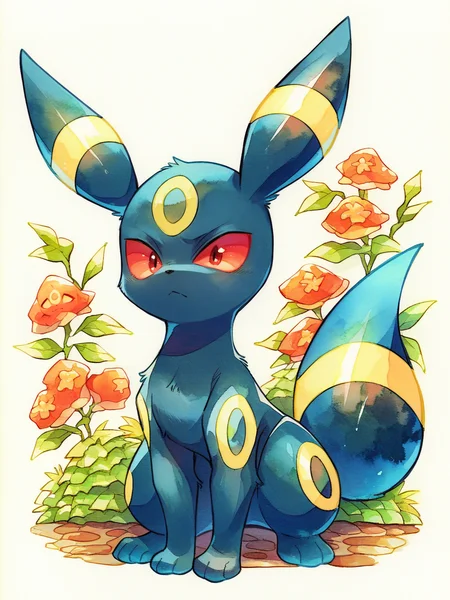 score_9, score_8_up, score_7_up, score_6_up, score_5_up, <lora:ohr_cnXLP:1> ohr_cn, solo, traditional media, watercolor (medium), no humans, pokemon \(creature\), umbreon,