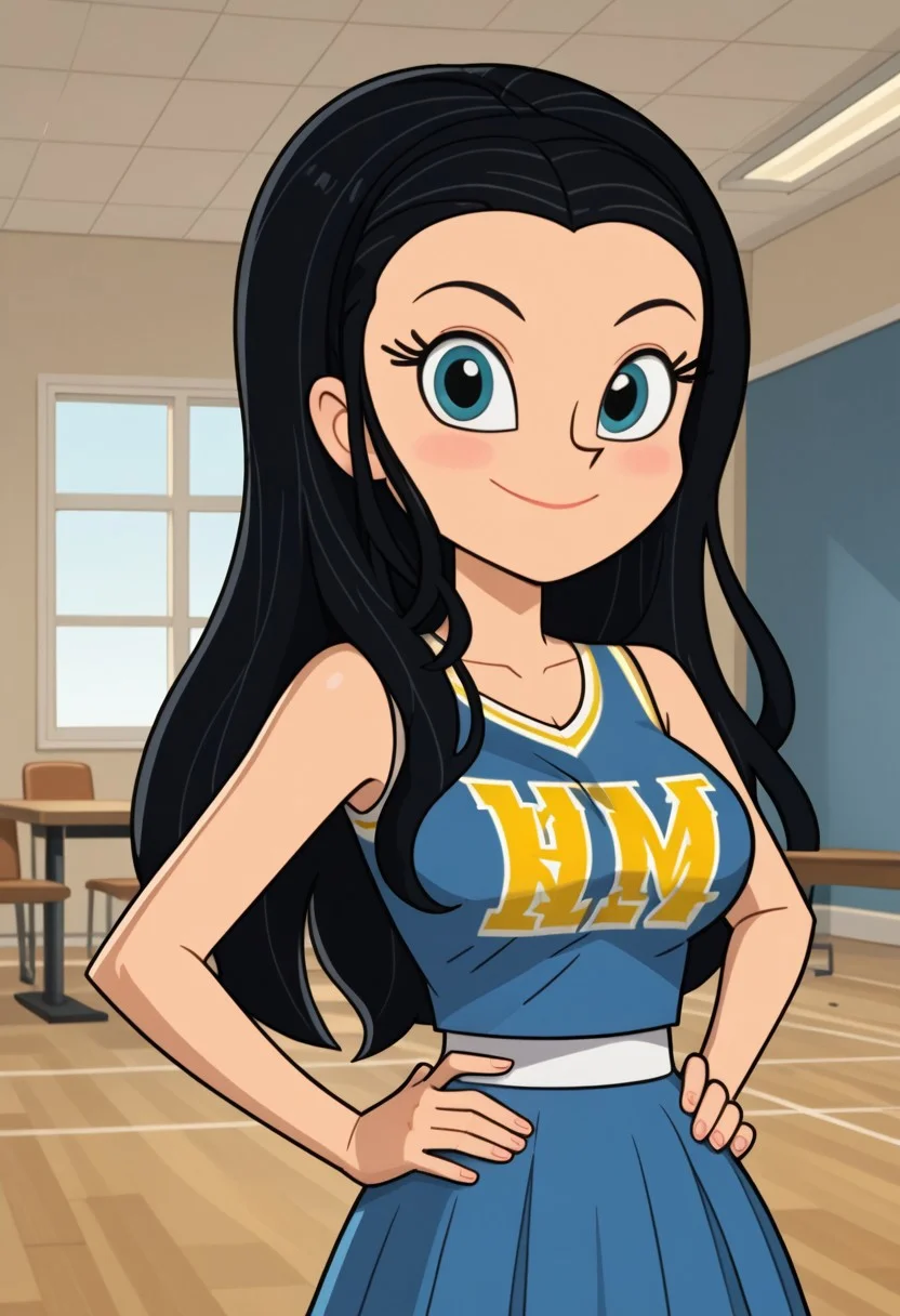 ((room background)),score_9, score_8_up, score_7_up,score_6_up,
1girl, solo, Kelly_KB, light skin, blue eyes, black hair, long straight hair, blue cheerleading top with design, blue cheerleading skirt, white flat shoes, big eyes, cute, tall stature, social smile, perfect eyes, perfect smile, looking at the viewer, detailed eyes, perfect eyes, standing, big breasts (front pose, front view, bust shot) five fingers, perfect hands, hands on hips
