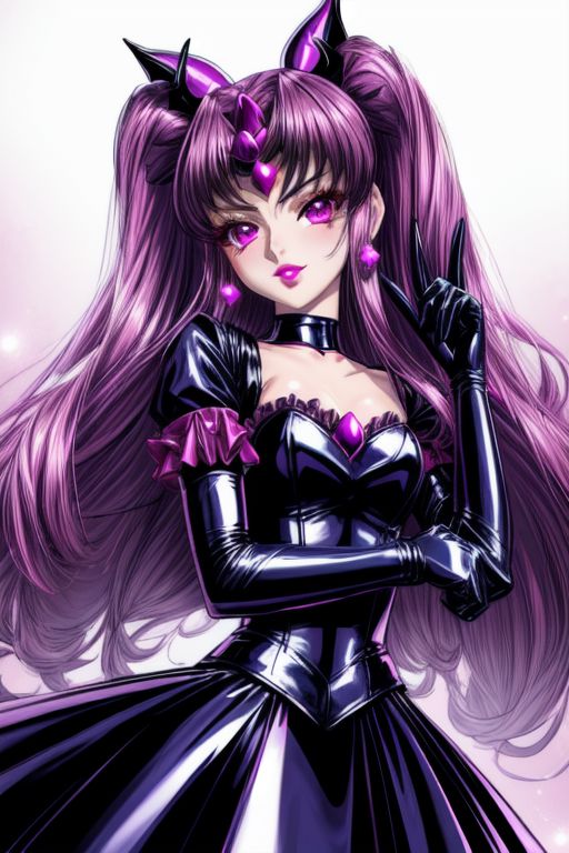 evil corrupted young princess wearing dark pastel (ruffled:1) (gleaming latex:1) EvlSM DarkPrecure Bad_End_Precure gown with (long latex cape:1) and latex elbow bridal gauntlets, (Perfect Face:1), soft lighting, glossy red lips, ruffles,
<lora:more_details:1>