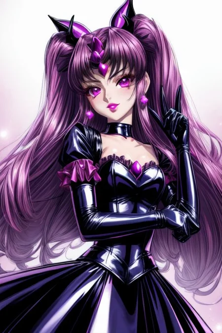 evil corrupted young princess wearing dark pastel (ruffled:1) (gleaming latex:1) EvlSM DarkPrecure Bad_End_Precure gown with (long latex cape:1) and latex elbow bridal gauntlets, (Perfect Face:1), soft lighting, glossy red lips, ruffles,
<lora:more_details:1>