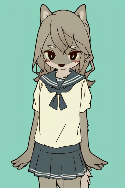 furry,by yagi the goat,Grey Wolf,Grey Wolf girl,Wolfy girl,Grey fur,Grey hair,long hair,Short stature,Skinny body,solo,Short stature,Skinny body,score_9,score_8_up,score_7_up,(cute expression, cute face:1.1),simple background,looking at viewer,blush,early teen,flat chest,<lora:Yagi_the_Goat_ai:1>,sailor,skirt,sailor_dress,
