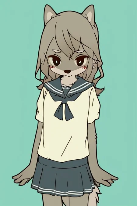 furry,by yagi the goat,Grey Wolf,Grey Wolf girl,Wolfy girl,Grey fur,Grey hair,long hair,Short stature,Skinny body,solo,Short stature,Skinny body,score_9,score_8_up,score_7_up,(cute expression, cute face:1.1),simple background,looking at viewer,blush,early teen,flat chest,<lora:Yagi_the_Goat_ai:1>,sailor,skirt,sailor_dress,