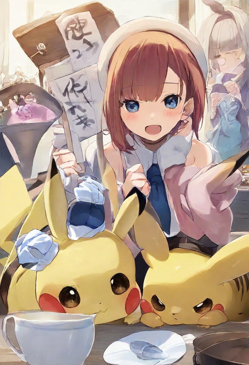 Beautiful girl , holding sign with text "need buzz", beautiful light.(Huging Pikachu with Pokemon) droopy masterpiece, best quality, very aesthetic