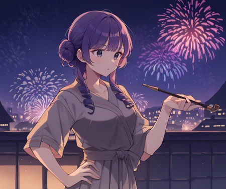 (woman holding kiseru in right hand:1.19),rating_safe,score_7_up,score_8_up,average breasts,<lora:kiseru_v10:1>,hand on hip,_safe_,1girl,night,fireworks,relaxing on rooftop,navy eyes,violet hair,braided bun,ringlets,by posssummachine,<lora:PossumMachine_XL_Pony:0.7>