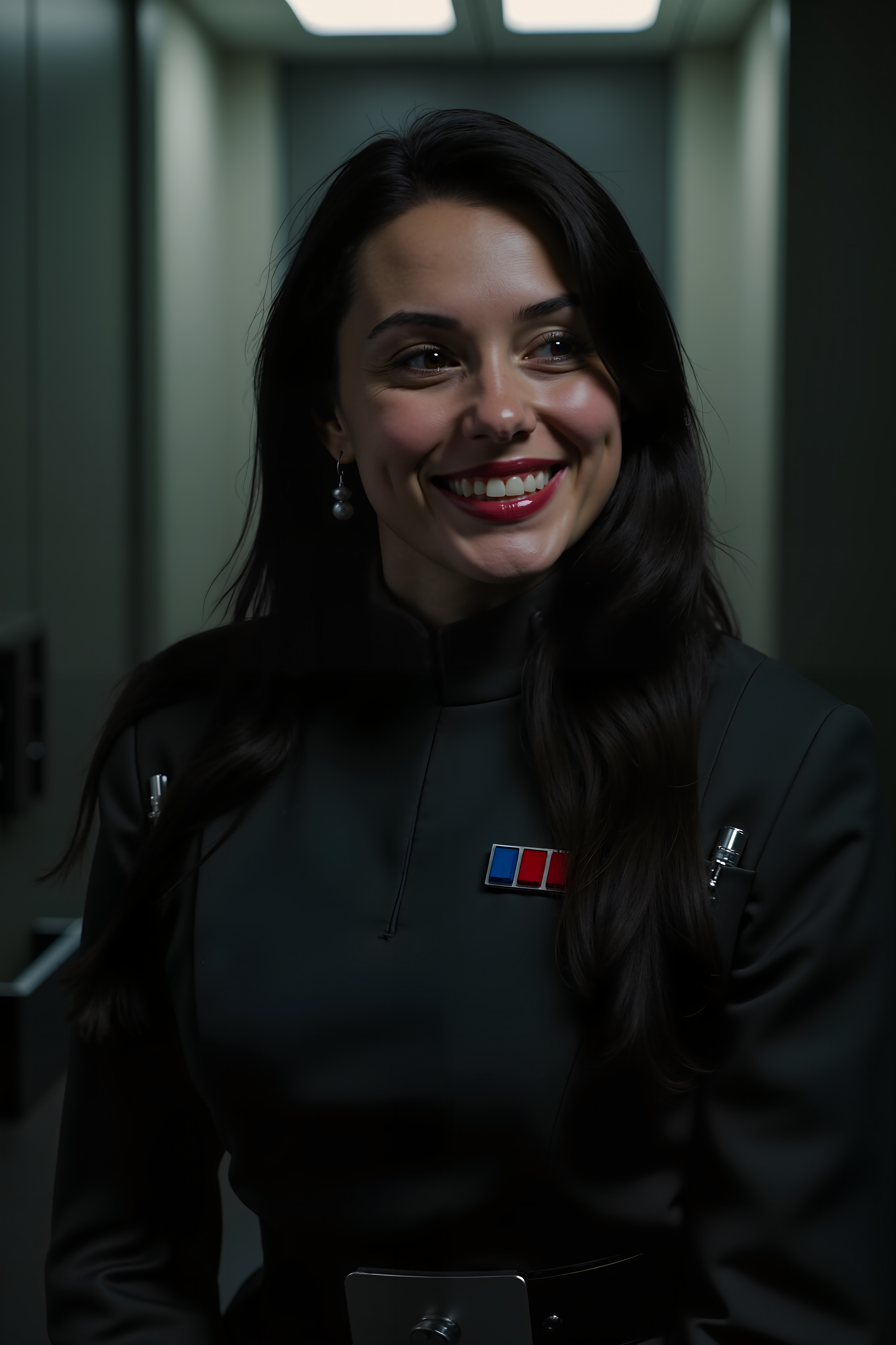 young woman with long hair in IMPOFF imperial officef uniform smiling ,in a interrogation room<lora:IMPOFF_FLUX>