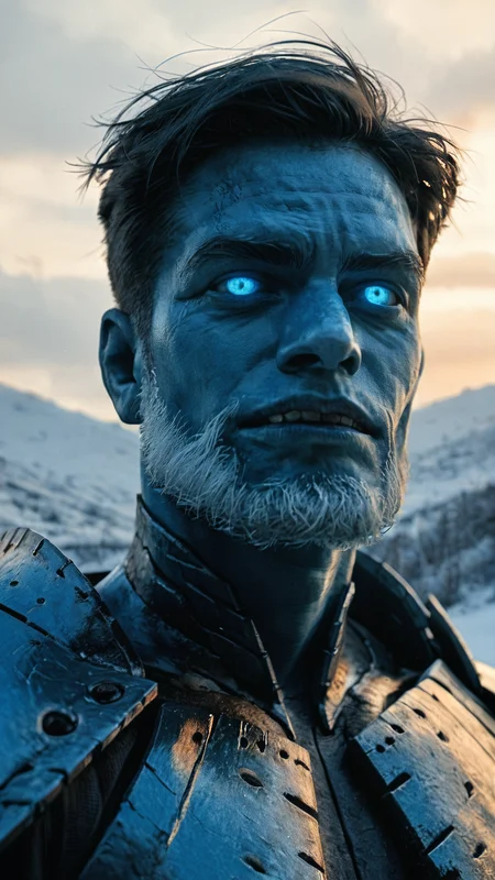 score_9, score_8_up, score_7_up, score_6_up, flmgr, DRKDL, film grain, cinematic, solo, dark, blue theme, undead, male, white beard, evil smirk, creature, angry, portrait, blue glow veins, landscape background, plate armor, snow, glowing eyes, realistic, <lora:FLMGR-R:.6>, <lora:DRKDL-R:.45>, <lora:cultistexl-000005:.65>