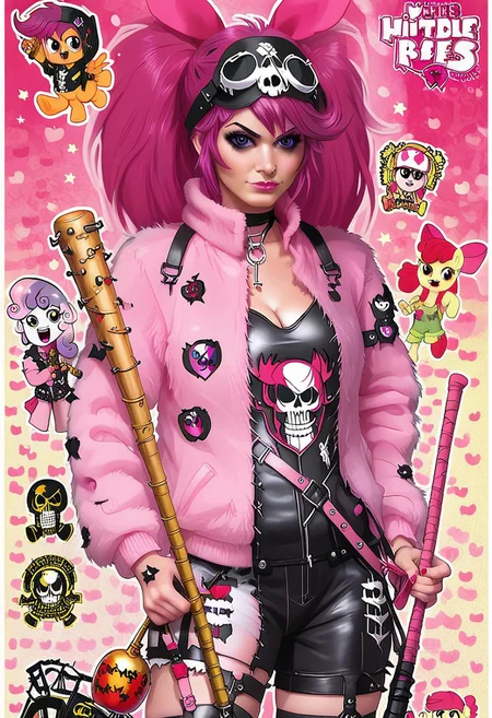 score_9, score_8_up, score_7_up, applebloom, sweetie belle, scootaloo, 3 girls, trio, biker clothes, black bandana with skulls, spiky hair on scootaloo, puple onesie blue and pink stipes, pink star tatoo, pink onesie green stripes, human 18yo, balck onsie on applebloom with white stars, applebloom holding black spiked baseball bat, holding a molotov cocktail, holding a electric whip, looking menacing, perfect face, perfect hands,
General
thighhighs 1.2), very fuzzy, (detailed background),