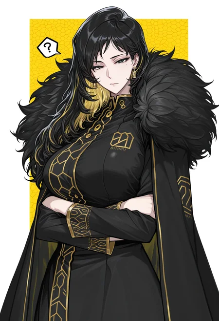 ((binah \(project moon\), )), 1girl, solo, long hair, looking at viewer, simple background, large breasts, blonde hair, black hair, long sleeves, white background, dress, closed mouth, jewelry, multicolored hair, earrings, black dress, cape, black eyes, streaked hair, fur trim, mole under eye, ?, colored inner hair, black coat, gold trim, black cape, spoken question mark, fur-trimmed coat, fur-trimmed cape, hexagon print, masterpiece, best quality, ultra-detailed, highest quality, official art, latest, very awa, very aesthetic, detailed shading, (detailed background, complex background), amazing quality, intricate, hyper-detailed, excellent, absurdres, latest,