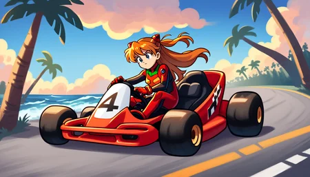 score_9, score_8_up, score_7_up, asuka langley, red plugsuit, driving a kart, race course, kart racing, solo, full body, rating safe, official Nintendo style, palm trees, beach, waves, clouds