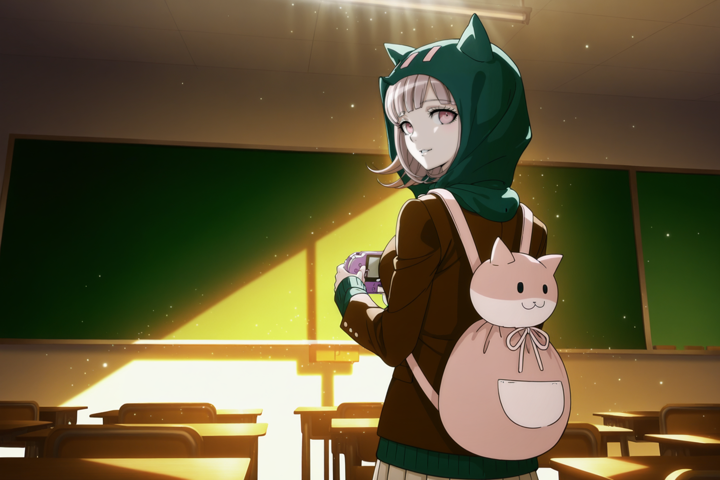 anime screencap, masterpiece, best quality, amazing quality, very aesthetic, absurdres,  newest, (scenery, volumetric lighting),
nanami chiaki, official style, school uniform, 1girl, solo, smile, bangs, light brown hair, flipped hair, medium hair, looking back, long sleeves, closed mouth, parted lips, cat bag, backpack, pink bag, blazer, brown jacket, hoodie under blazer, green hoodie, cat hood, hood up, cowboy shot, from behind, pink eyes, classroom, dappled sunlight, light particles, light rays, holding game boy advance console
 <lora:Chiaki_IL:0.8>