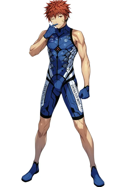 masterpiece,best quality,newest,absurdres,highres,asahi inui,solo,looking at viewer,smile,1boy,gloves,closed mouth,standing,full body,male focus,one eye closed,sleeveless,bodysuit,clenched hand,clenched hands,finger to own nose,legs apart,blue footwear,bandaid on face,blue gloves,tachi-e,blue bodysuit,h.i.a.w.d pilot suit,<lora:AsahiInui_noob:1>,(shorts:0.7),(bike shorts:0.6),