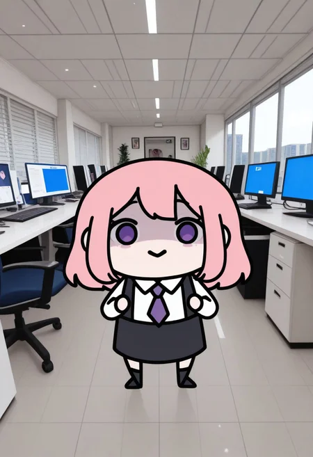 chibi, dot eyes, full body,
CivChan, purple eyes, pink hair, c:, looking at viewer, yandere,
photo_background, office, workplace, computer, flat color,
masterpiece, best quality, absurdres, [dynamic pose]