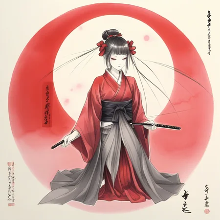 seiza, looking down, drawing bow, red moon, pleated skirt, bandages, fairy wings, calligraphy brush, skirt