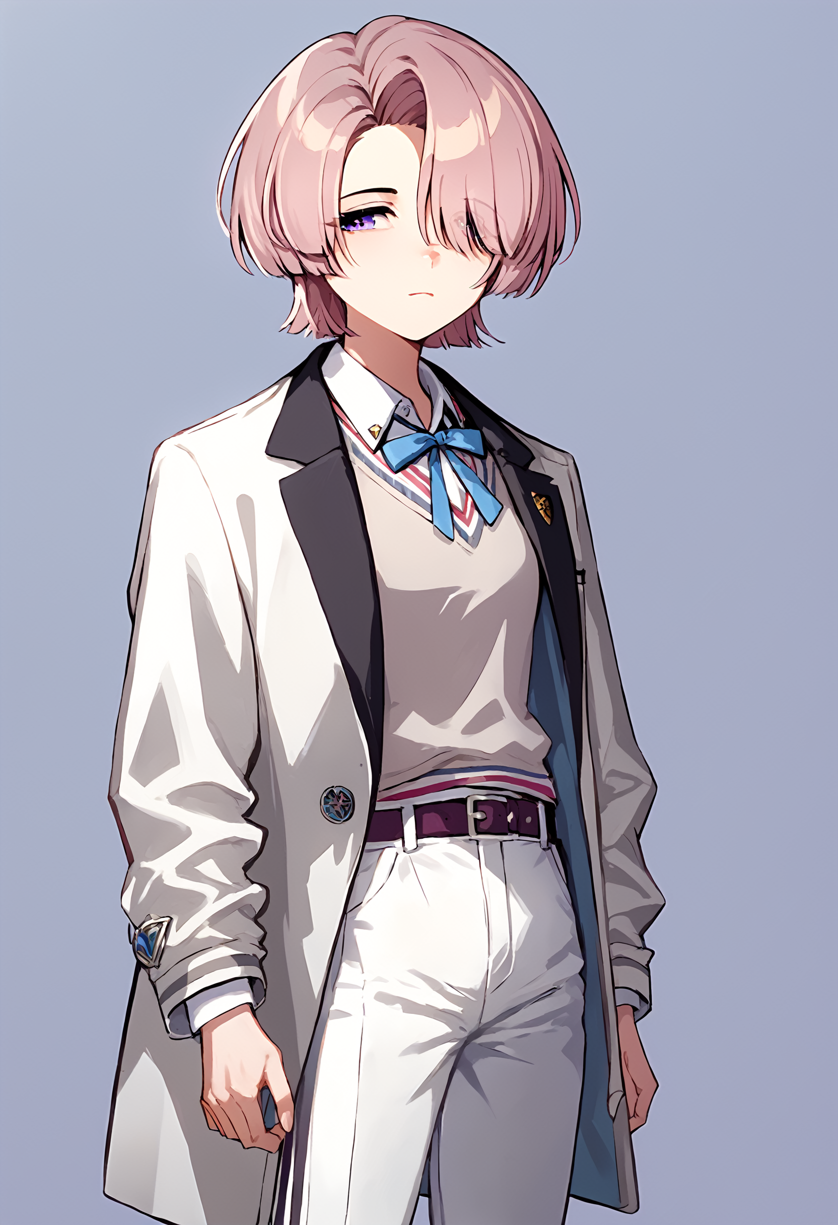 (score_9, score_8_up, score_7_up), 1girl, arimura mao, hair over one eye, open jacket, white pants, cowboy shot, simple background, <lora:gakuen-imPO-v2e-000008:0.9>
