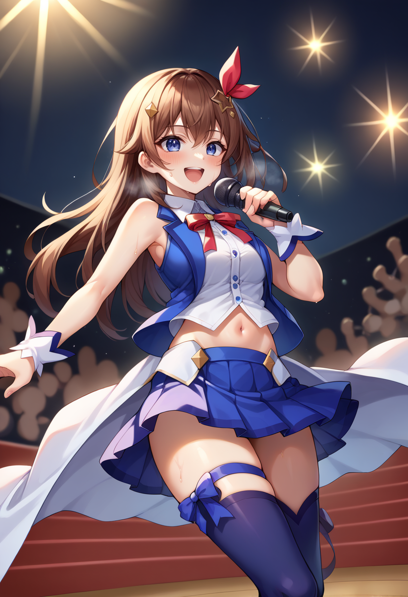 score_9, score_8_up, source_anime, 1girl, solo, SoraBase, long hair, star hair ornament, hair ribbon, blue eyes, blue vest, sleeveless shirt, red ribbon, navel, wrist cuffs, blue skirt, blue thighhighs, thigh ribbon, waist cape, on stage, stage lights, holding microphone, action pose, sweat, audience, blush, open mouth, happy, 
 <lora:CHAR-TokinoSoraPonyXL:1>