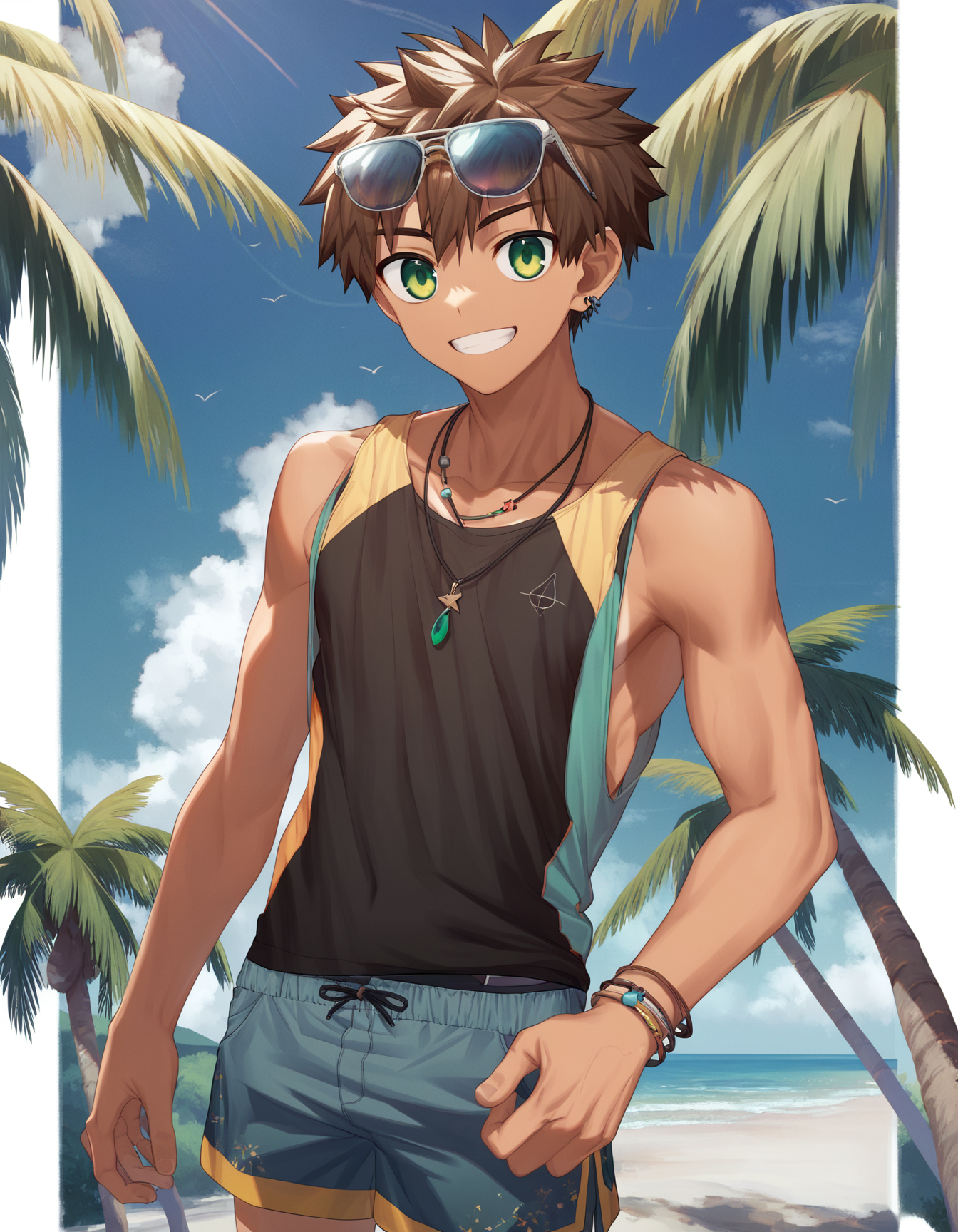 score_8, score_8_up, score_7_up, score_6_up, source_anime, outdoors, palm tree, day, cowboy shot, 1boy, solo, brown hair, green eyes, tank top, shorts, necklace, tan, smile, sunglasses on head <lora:rukiruki_AMXL_v1e-ShoAI:0.5> <lora:nayoshi-amxl-v5f-ShoAI:0.7>