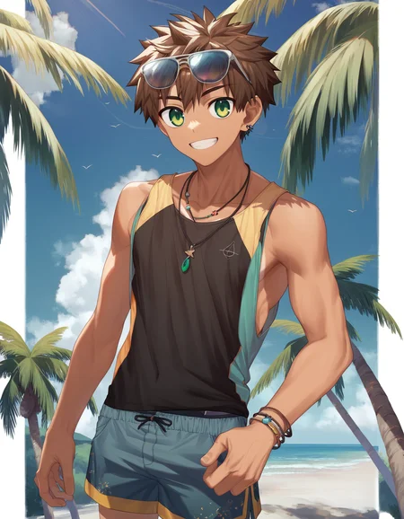 score_8, score_8_up, score_7_up, score_6_up, source_anime, outdoors, palm tree, day, cowboy shot, 1boy, solo, brown hair, green eyes, tank top, shorts, necklace, tan, smile, sunglasses on head <lora:rukiruki_AMXL_v1e-ShoAI:0.5> <lora:nayoshi-amxl-v5f-ShoAI:0.7>