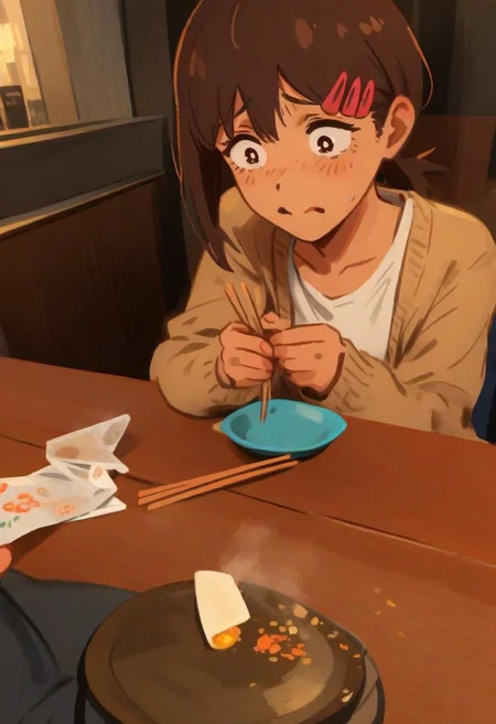 <lora:Khyle. v3:0.8>, pov, pov across table, sitting, (sad over half broken disposable chopsticks),
Higashiyama_Kobeni, white tank top, cardigan, open cardigan, jeans,
masterpiece, best quality,
