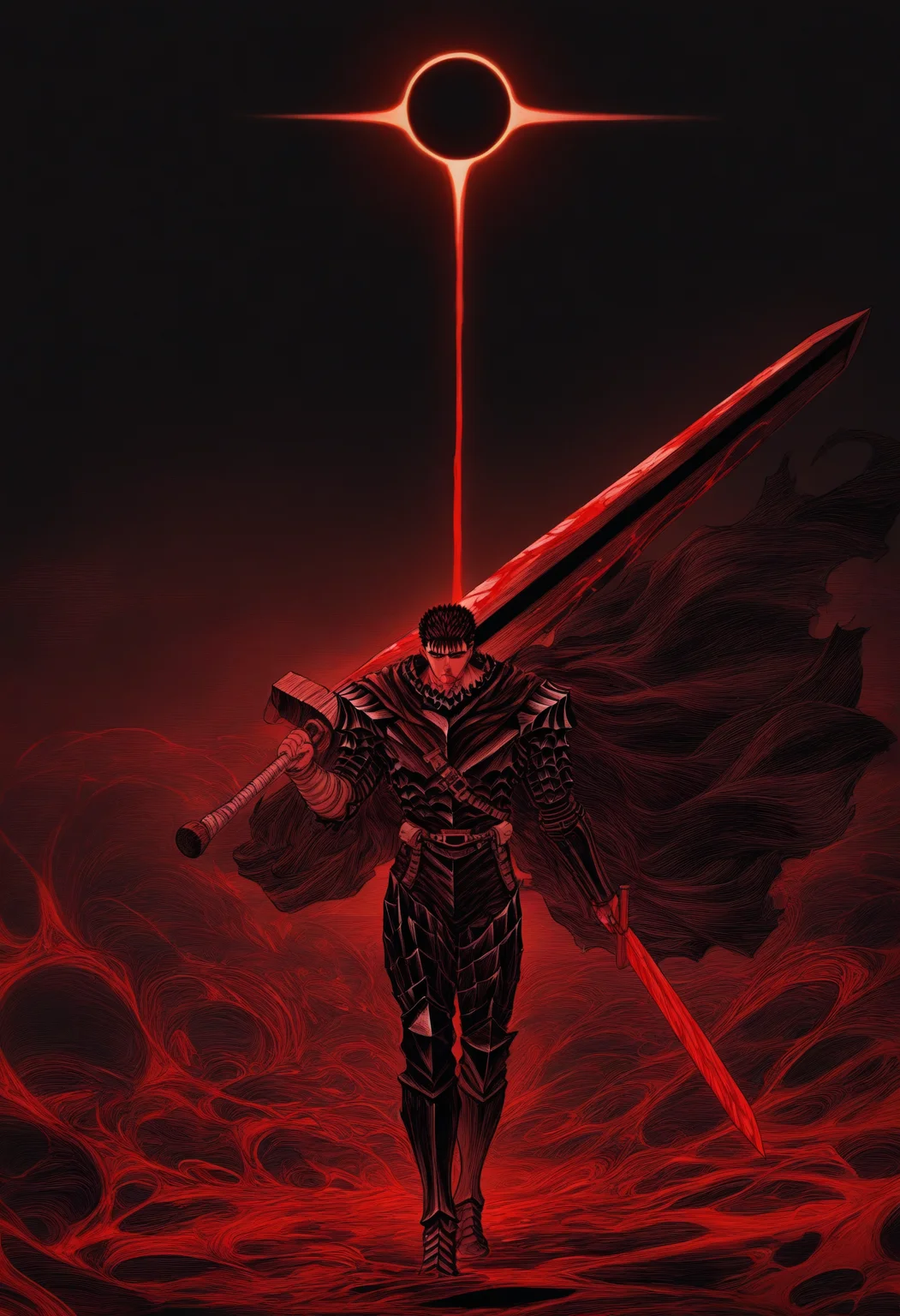masterpiece, best quality, 1boy solo, guts \(berserk\), holding sword, huge weapon, lineart, sketch, phenomenal aesthetic, sumptuous artwork, wide shot, abstract background, dark theme, red theme, blood, cape, solar eclipse