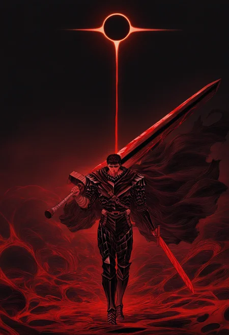 masterpiece, best quality, 1boy solo, guts \(berserk\), holding sword, huge weapon, lineart, sketch, phenomenal aesthetic, sumptuous artwork, wide shot, abstract background, dark theme, red theme, blood, cape, solar eclipse