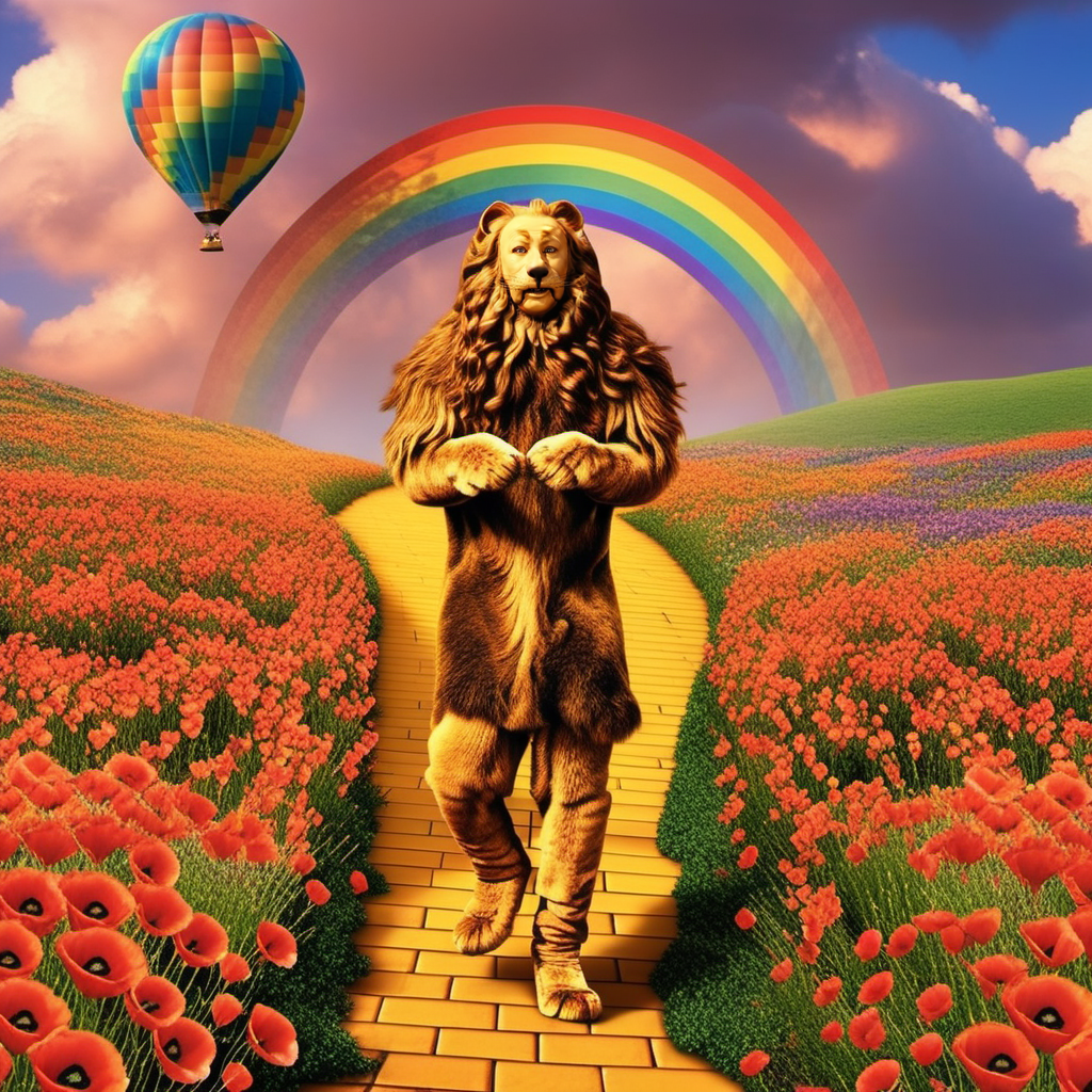 CowardlyLion1024,  full body, a man with long hair , yellow brick road, poppies, rainbow, hot air balloon, detailed eyes, highly detailed, photography, ultra sharp, film, bokeh, professional, 4k   <lora:CowardlyLion1024-000480:0.8> <lora:add-detail-xl:2>