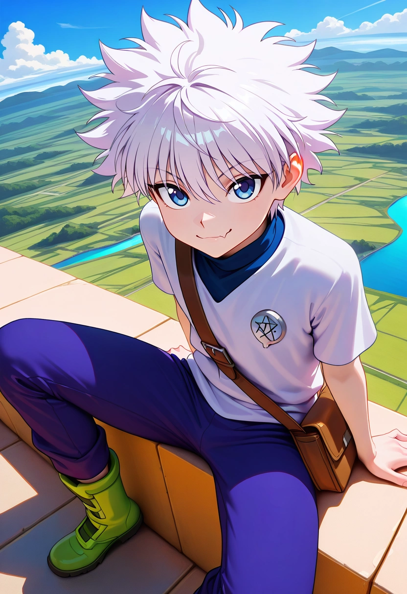 masterpiece, best quality, intricate details, (3d:0.4), looking at viewer, , 1boy, solo, male focus, <lora:killua_zoldyck_ilxl:0.9>, killua_zoldyck, white hair, blue eyes, short hair, spiked hair, bangs, messy hair, from above, lake city, day, clouds, spread legs, skin fang, Jersey Linen trousers, Chambray shirt, Hiking boots, , Satchel and