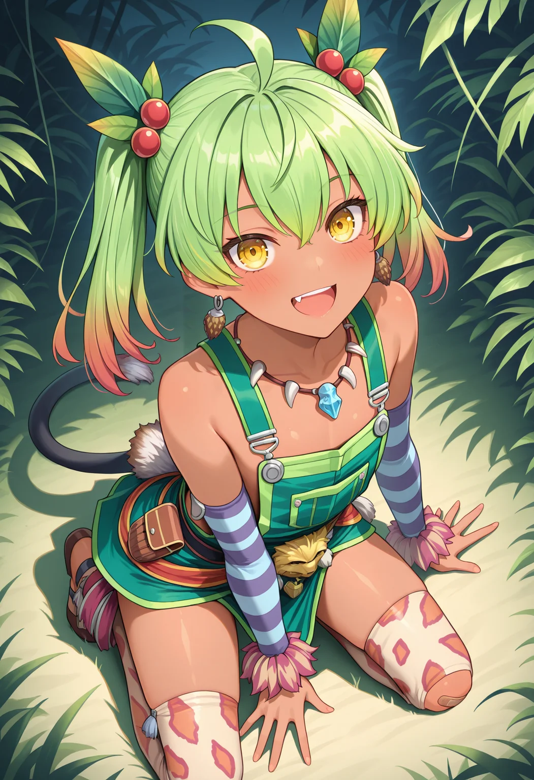 highres, best quality, masterpiece, jungle,
1girl, solo, ys8rico, green hair, gradient hair, twintails, dark-skinned female, yellow eyes, leaf hair ornament, hair bobbles, ahoge, earrings, flat chest, fang,
riys8def, green overalls, overall skirt, bare shoulders, jewelry, tooth necklace, detached sleeves, striped sleeves, arm warmers, red clothes around waist, pouch, tail, bandaid on knee, buckle, print thighhighs, animal print,
looking at viewer, blush, smile,
kneeling, from above, upper teeth only,
<lora:_ricotta_ys8-elesico-ilxl:1>
