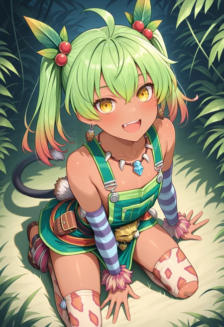 highres, best quality, masterpiece, jungle,
1girl, solo, ys8rico, green hair, gradient hair, twintails, dark-skinned female, yellow eyes, leaf hair ornament, hair bobbles, ahoge, earrings, flat chest, fang,
riys8def, green overalls, overall skirt, bare shoulders, jewelry, tooth necklace, detached sleeves, striped sleeves, arm warmers, red clothes around waist, pouch, tail, bandaid on knee, buckle, print thighhighs, animal print,
looking at viewer, blush, smile,
kneeling, from above, upper teeth only,
<lora:_ricotta_ys8-elesico-ilxl:1>