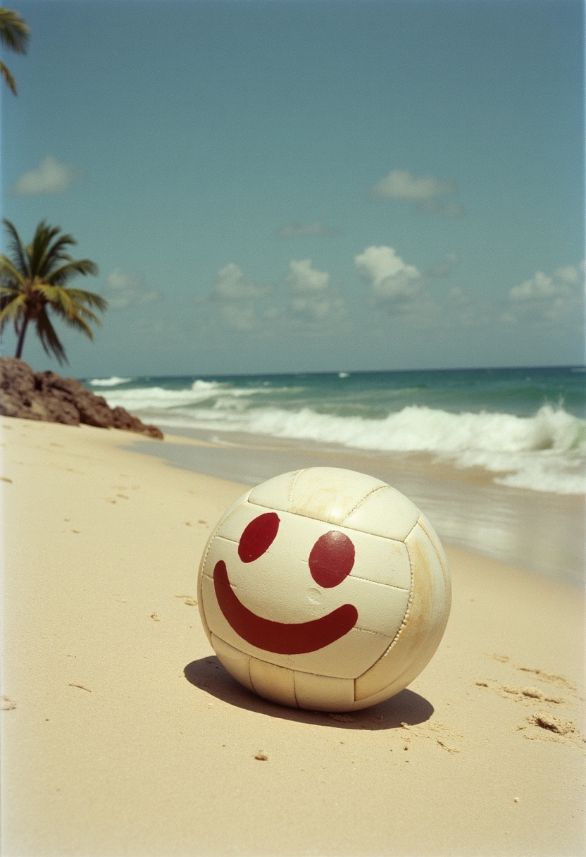 vintage 1970s lifestyle photo of a volleyball ball with a dark red smile emoji painted on it lying on a stranded deserted island, shot on a kodachrome analog film, beach, waves, horizon, sand, palm tree, windy day,
<lora:SameFace_Fix_FLUX_[VadimFedenko]:-0.6>