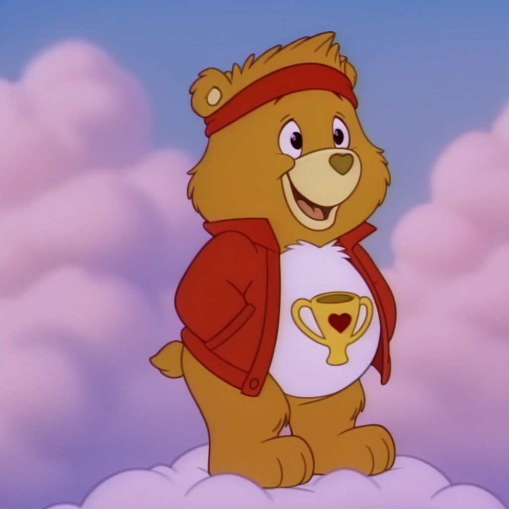 masterpiece, best quality, amazing quality,  champbearil, semi-anthro, male, bear_boy, yellow-orange fur, black eyes, tail, tummy symbol, standing, on a cloud, happy, red headband, red jacket, <lora:b8cf3171-e3a9-40b9-90a0-e0241282e7f1:1.0>