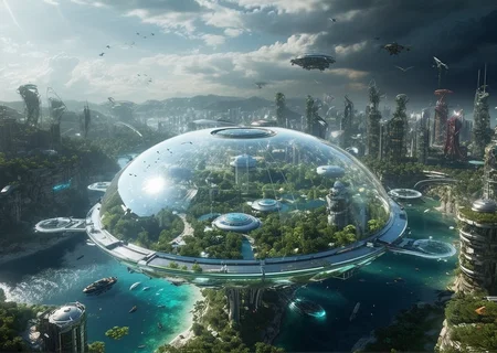Scenic view from ((Floating, transparent platform:1.10) above the city, ) looking down into futuristic (eco-friendly city:1.17) nestled within (pristine alien landscape:1.16), (sustainable architecture:1.15) blending seamlessly with (natural surroundings:1.14), (giant transparent dome:1.13) encasing (luminous city center:1.12), (elevated transport lines:1.11) crisscrossing (skybridge:1.10), (public hovercraft:1.09) zipping by, (flying cargo drones:1.08) delivering goods, (solar panels, |}wind turbines, harnessing (planet's natural energy:1.07), (green spaces:1.06) interspersed with (modern structures:1.05), (alien wildlife:0.94) roaming freely, (distant planets visible:0.93), (soft, colorful light:0.92) emanating from (city's organic curves, |}glowing architecture (peaceful atmosphere:1.18), (harmony with nature:1.16), (innovative design:1.15), (utopian vision:1.14), (protecting the environment:1.13), (eco-friendly innovation:1.12), (celestial backdrop:1.11), intricate, bioluminescent gardens, ancient, ruined structures in the distance, futuristic, self-sustaining farms, (trending:1.07) (high image quality:1.08), (RAW:0.99),subsurface tering,(high resolution photograph:1.28),high definition, <lora:sdxl\zy_Realism_Enhancer_v1.safetensors:0.85:0.18> p13,s1