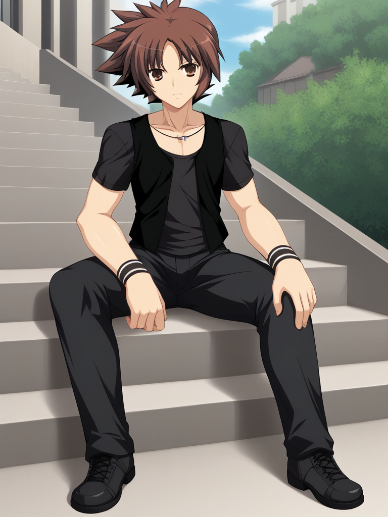1boy, solo, reijilokiEXAEXSFA, brown hair, spiked hair, brown eyes, t-shirt, vest, wristband, pants, necklace, jewelry, shoes, outdoors, stairs, sitting, full body, looking at viewer,