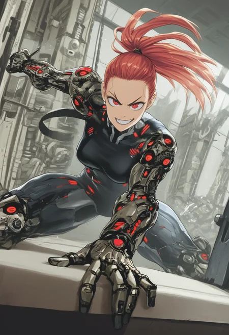 score_8_up, 1girl, cyborg, woman, red eyes, looking at viewer, indoors, ponytail, grin, punch, foreshortening,
<lora:OnePunchManStyle:1>