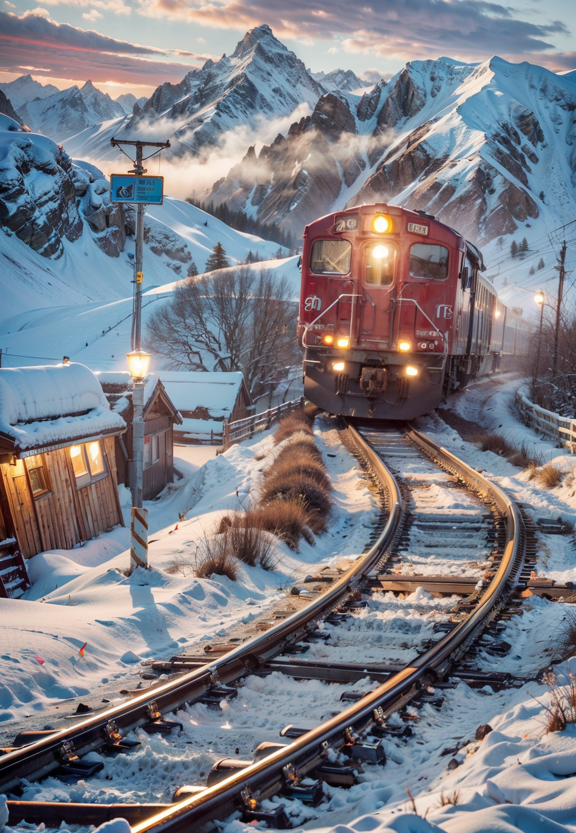 train, snow mountain, sunset, (masterpiece),((ultra-detailed)), (highly detailed CG illustration),(expressionless), (best quality:1.2), High quality texture, intricate details, detailed texture, High quality shadow, Cinematic Light, Depth of field, light source contrast, perspective,20s, (ulzzang-6500-v1.1:0.5), <lora:epi_noiseoffset2:1>, <lora:add_detail:0.8>,