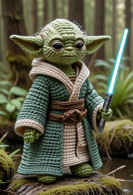 a crocheted yoda wielding a lightsaber, wearing a jedi robe, star wars, set in a swamp, cottage, Masterpiece,best quality, photo, realistic, very aesthetic, detailed face,