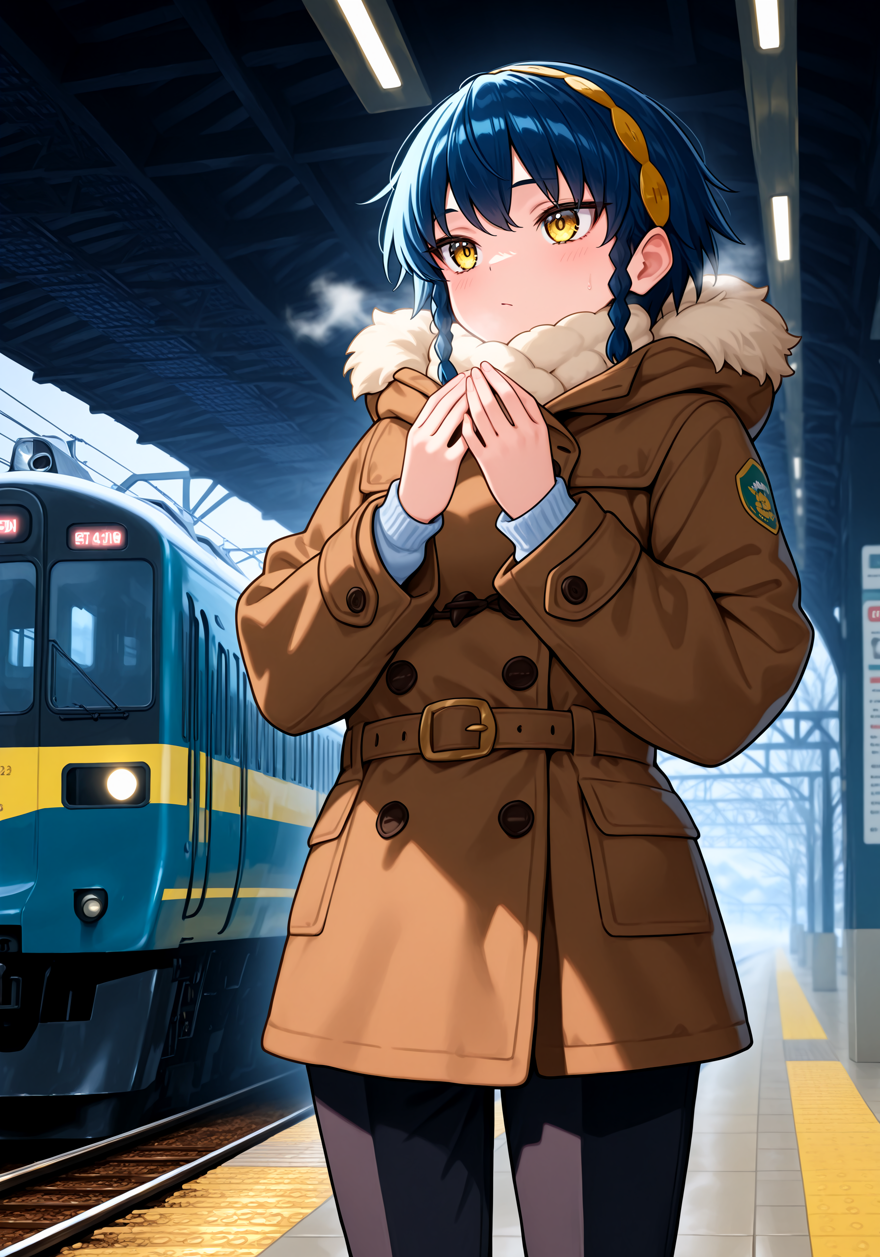 1girl, <lora:atobera_sn119:1>, tbzuma, yellow eyes, hairband, brown winter coat, wool pants,
 train station, freezing, cold, train, cowboy shot,
high resolution, ultra-detailed, absurdres, masterpiece, best quality, good quality, newest,