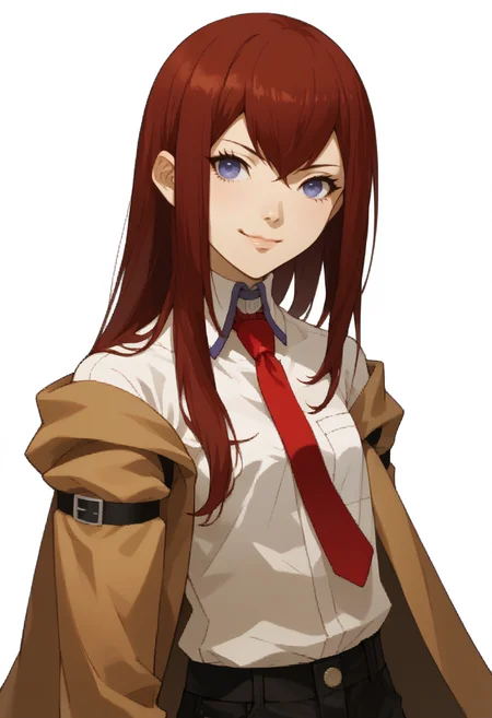 score_9, score_8_up, score_7_up, source_anime, 1girl, solo, smile, closed mouth
<lora:zs_SMTIVPortraitsXL_2:1> smtivportraits, portraits, white background
<lora:steinsgate_makise_ponyXL:1> makise kurisu, brown jacket, off shoulder, white shirt, red necktie, black shorts,