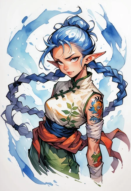 safe_pos, score_9, score_8_up, score_8, score_7_up, solo, looking at viewer, upper body, aura, blue sky,, abstract background, white outline, masterpiece, c4m3lt0, cartoon, comic, solo, chifusamh, watercolor \(medium\), traditional media,
elf, female, martial artist, adult, slender athletic build, pointed ears, cerulean-blue hair, long twin braids, very long braids, silver eyes, focused eyes, (dragon-tattoo wrapped around arm), acrobat clothes, high waisted shorts, red and blue and gold clothing, chinese clothes, skindentation, tights, pantyhose, long sash around waist, leg wraps, foot wraps, calloused feet, tiny breasts,