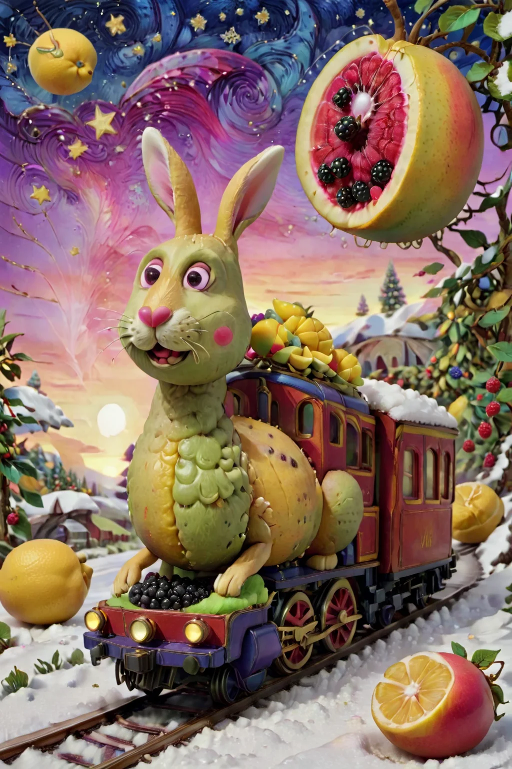 claymation, rabbit, made out of juicy fruit, sunset, starry night made out of lemon mango blackberry kiwi, snowy, steam train, <lora:Juicy_Fruit_World_style_-_SDXL-000007:1> <lora:CLAYMATE_V2.03_:1>