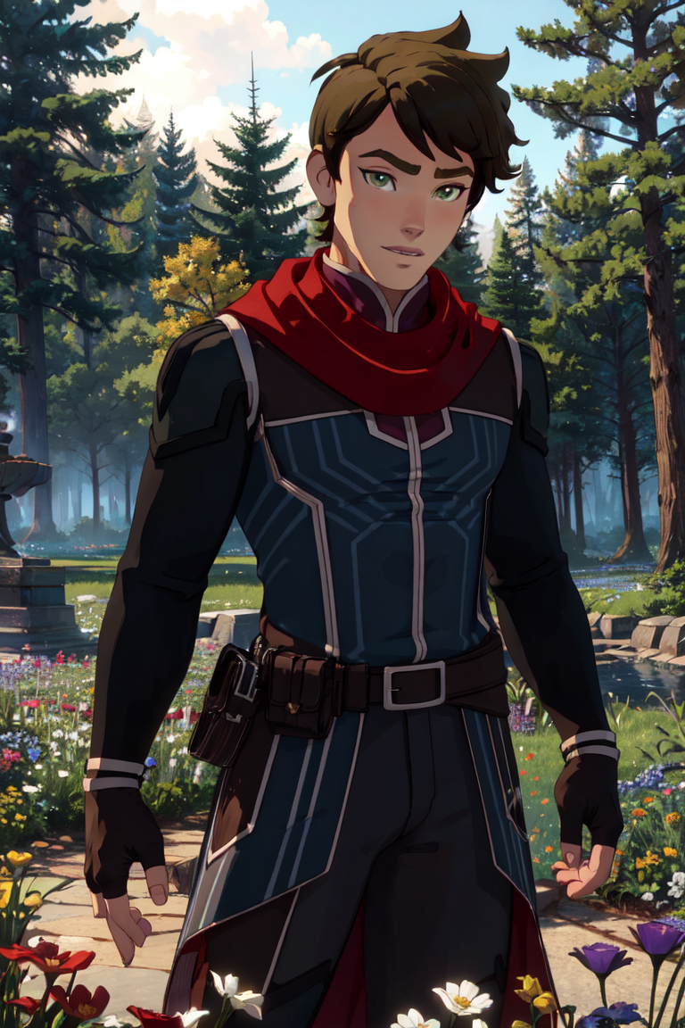 Callum, green eyes, (black fingerless-gloves), (man, boy, male), forest, night time, flowers, (realistic:1.2), (masterpiece:1.2), (full-body-shot:1.2),(cowboy-shot:1.2), dark romantic lighting, (highly detailed:1.2), (detailed face:1.2), (gradients), colorful, detailed eyes, (natural lighting:1.2), solo, <lora:add_detail:0.3> <lora:DragonPrince_CallumS4-10:0.8>  <lora:BeautifulEyes:0.3>
