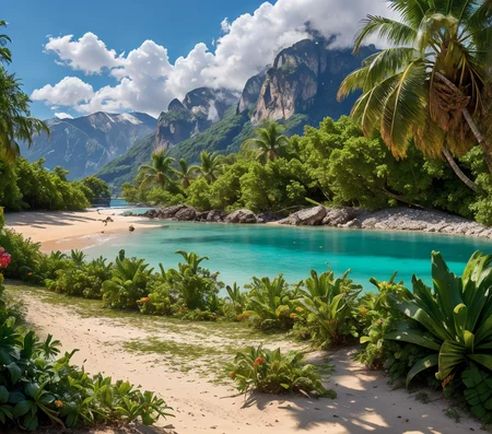 RAW photo, (masterpiece:1.3), subsurface scattering, heavy shadow, (high quality:1.4), (intricate, high detail:1.2), professional photography, HDR, High Dynamic Range, realistic, ultra realistic, photorealistic, high resolution, film photography, ambient lighting, atmospheric effects, <lora:detail_slider_v4:2>, OverallDetail, <lora:Beach:1>, beach, cloud, cloudy sky, nature, no humans, palm tree, plant, rock, scenery, shore, sky, summer, sunlight, tree, mountains in the background, epiCPhoto
