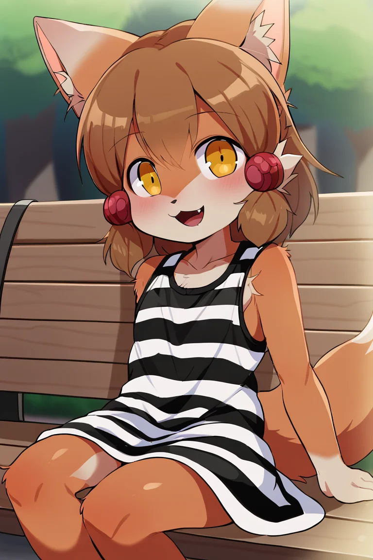 solo, 1boy, male, furry, body fur, brown fur, animal ear fluff, short hair, brown hair, hair beads, hair bobbles, dog ears, dog tail, yellow eyes, cute face, detailed eyes, perfect anatomy, detailed skin, perfect hands, perfect face, BREAK sleeveless dress, striped dress, BREAK happy, :D, seated on bench, bench, park, outdoors, colorful, dutch angle, BREAK ((ultra-detailed)), ((best quality)), ((best quality)), ((beautiful eyes)), ((extremely detailed)), 4K, (8K), best quality, (beautiful), Master piece, highres, score_9, score_8_up, score_7_up, score_6_up, score_5_up, score_4_up, colorful, best quality, official art, highres, masterpiece, nai3, god light, detailed background, high quality background, AddXL, <lora:more_details:1> <lora:light_sharp_style_magin3.1-000040:1> <lora:Perro-kun_Dagasi:1>